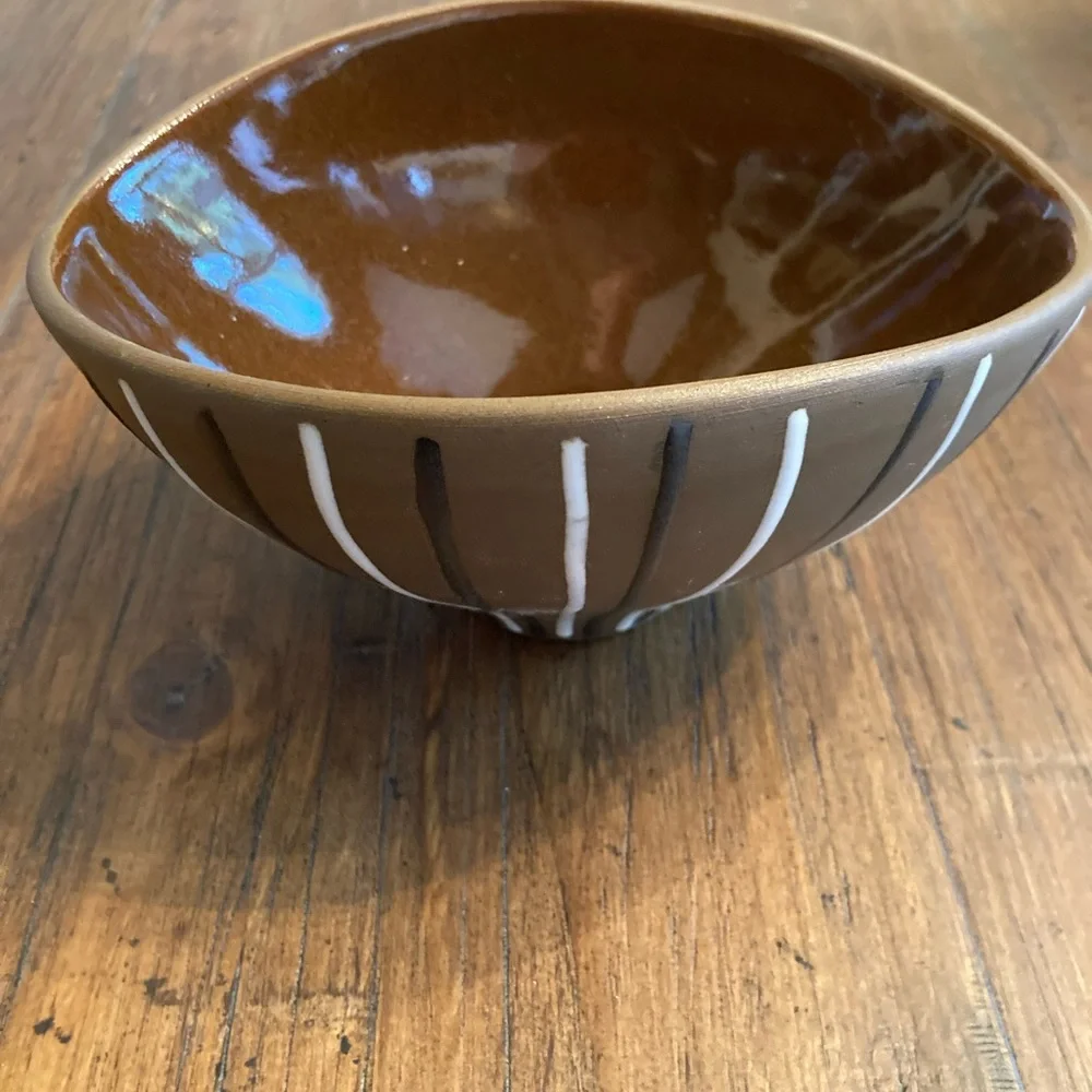 Jonathan Adler Brown Pottery Bowl with Black and White Stripes